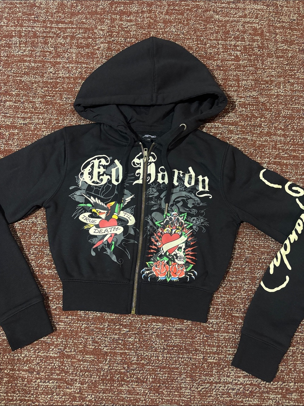 Ed Hardy cropped zip up hoodie graphic logo y2k style sweatshirt skull heart Xs - Picture 3 of 12